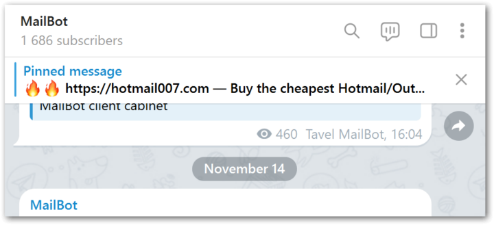 Закреплённый пост hotmail007.com в Telegram-канале MailBot