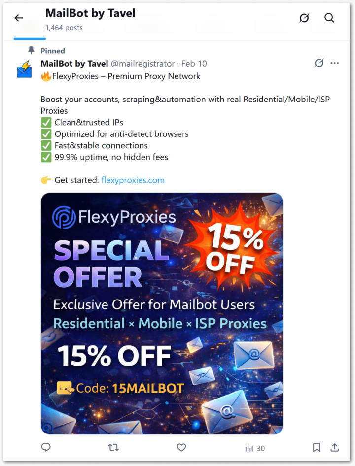 FlexyProxies pinned post in MailBot X channel